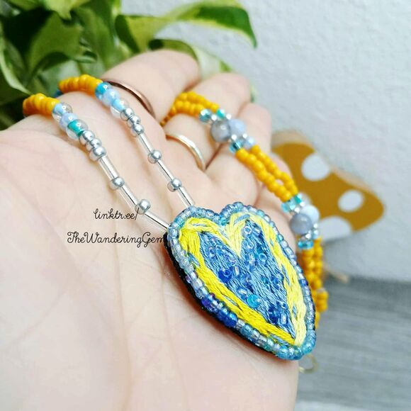 Hand Embroidered Beaded Heart Pendant Necklace, Yellow & Blue, OOAK Artisan - Picture 4 of 5